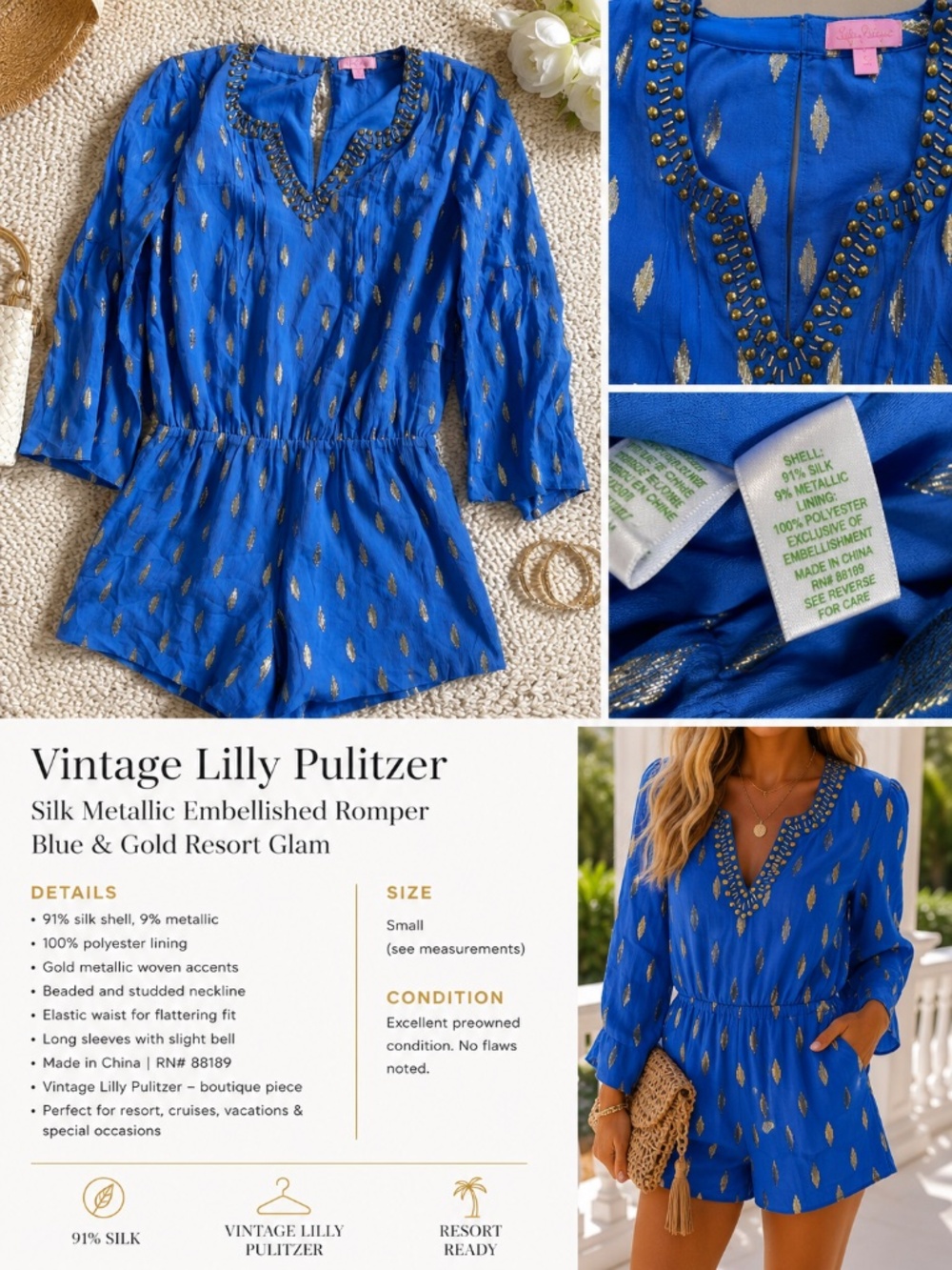 Vintage Lilly Pulitzer Silk Metallic Embellished Romper Blue Gold Resort Glam Sm